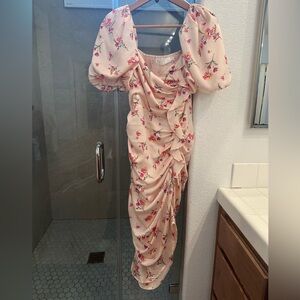 Astr Floral Ruched Long Sleeve Dress